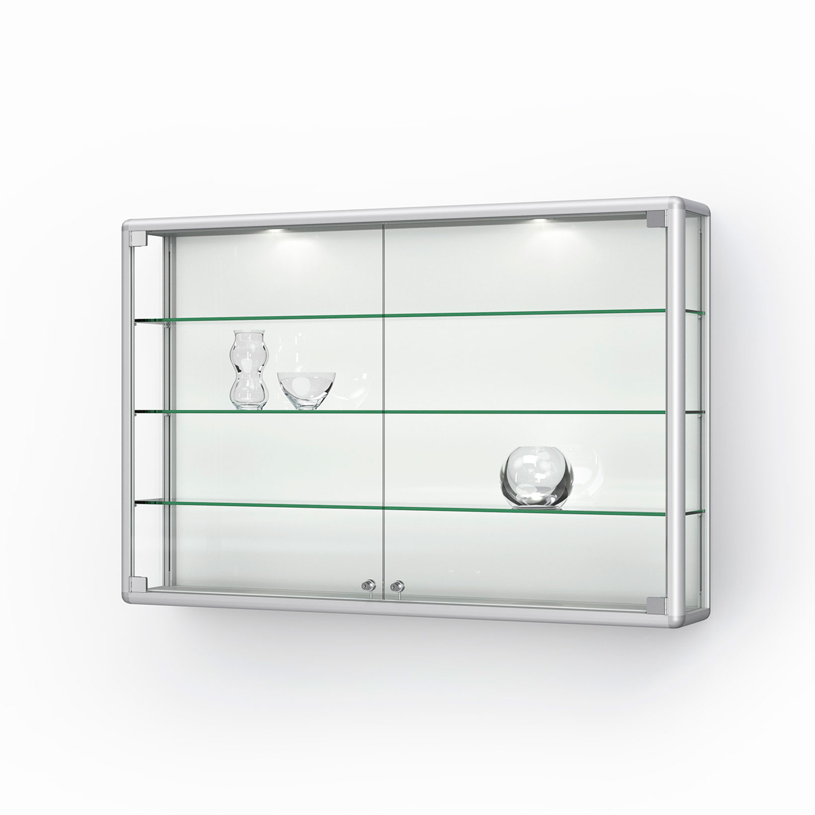 Wandregal, Vitrinedisplay, Glasregal, Led Beleuchtung, Schrank mit Glastüren